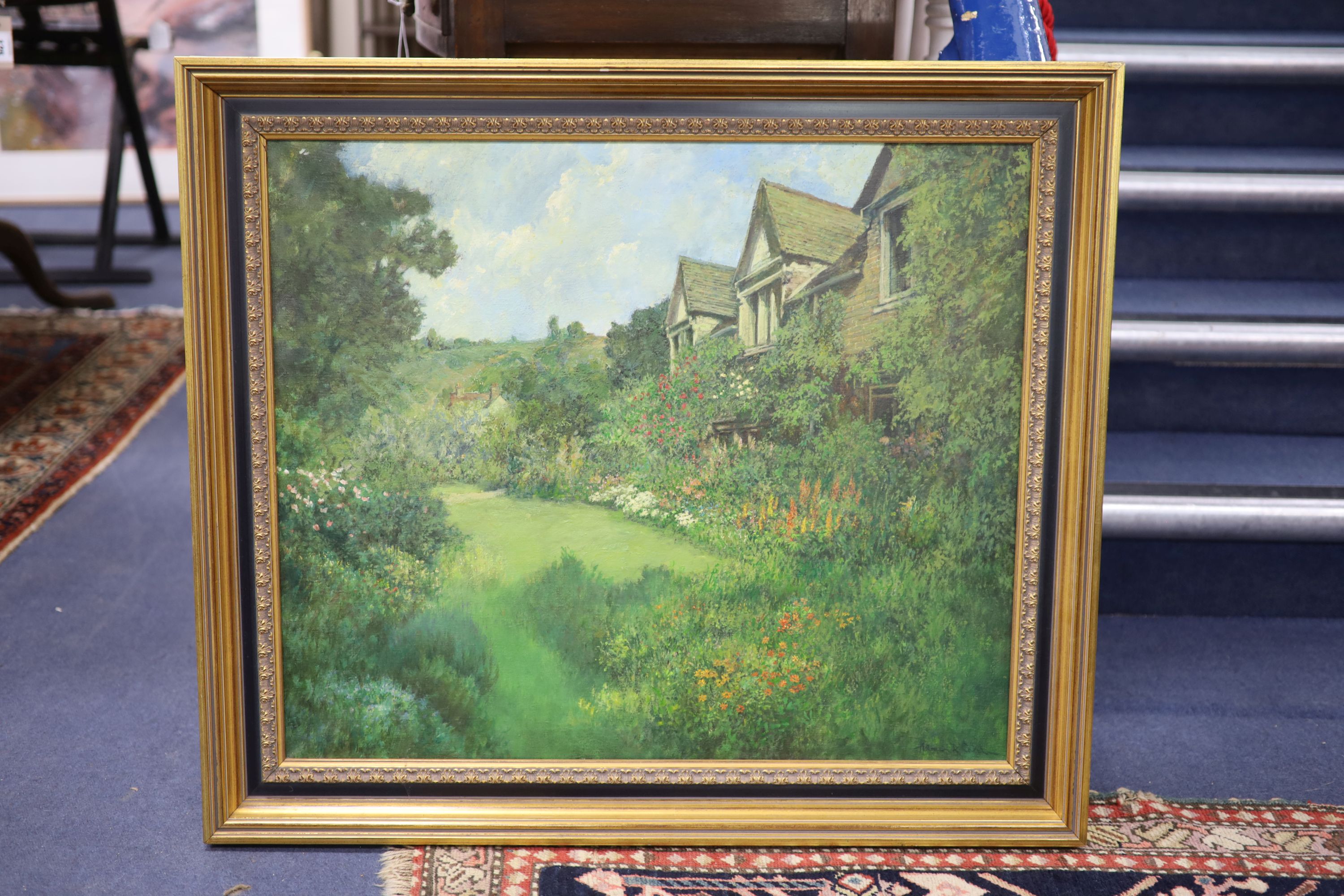 Norman R Coker SBA, oil on canvas, Country Garden, signed with Exhibition label, 60 x 70cm